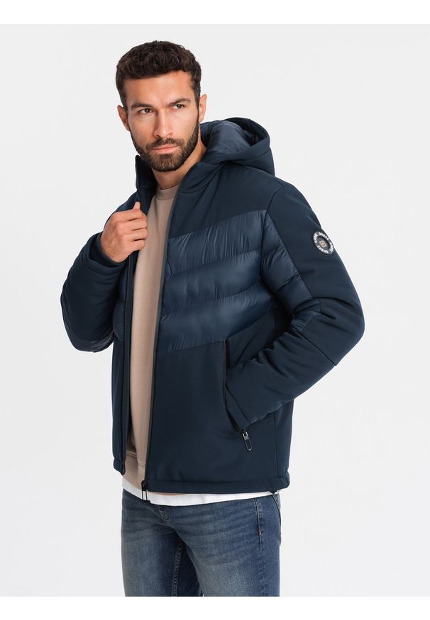 Ombre Clothing - Pikowana kurtka męska z łączonych materiałów z wysokim kołnierzem – granatowa V2 - Rozmiar: M. Okazja: na co dzień. Kolor: niebieski. Materiał: materiał. Wzór: aplikacja. Styl: sportowy, casual