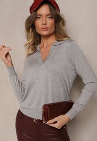 Renee - Szary Sweter z Wiskozą i Ozdobnym Kołnierzykiem Ceaola. Okazja: na co dzień, na spotkanie biznesowe, do pracy. Kolor: szary. Materiał: wiskoza. Styl: biznesowy, casual