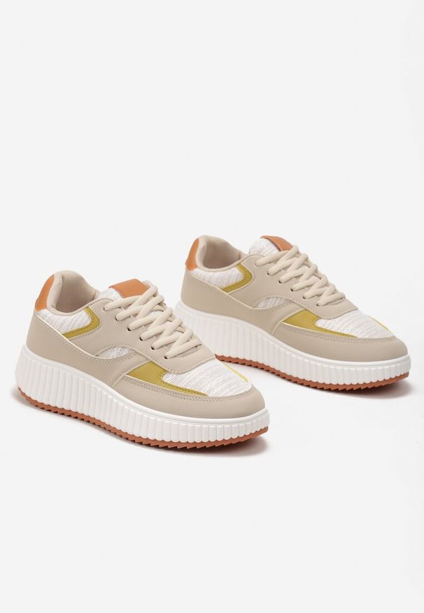 Born2be - Beżowe Sneakersy na Grubej Podeszwie Ozdobione Brokatem Evllina. Kolor: beżowy. Wzór: aplikacja