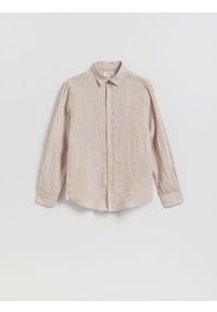Reserved - Lniana koszula slim fit - beżowy. Kolor: beżowy. Materiał: len