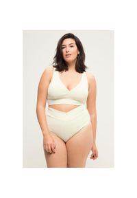 ULLA POPKEN - Damskie Figi bikini faktura wysoki stan pas w kopertowym stylu. Stan: podwyższony. Kolekcja: plus size. Kolor: beżowy. Materiał: poliester, elastan, poliamid, materiał