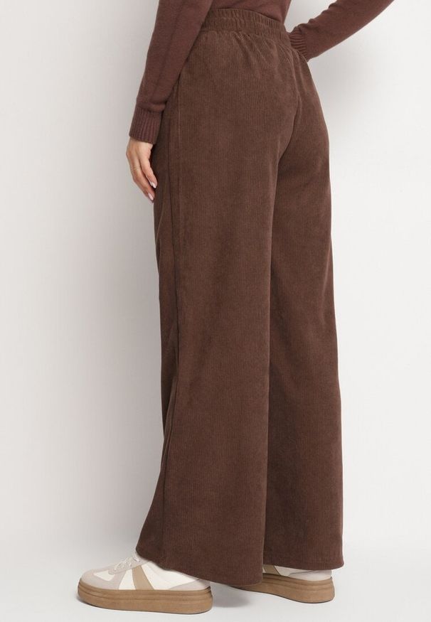 Born2be - Brązowe Szerokie Spodnie z Wysokim Stanem Wiązane Sznurkiem Cosetta. Okazja: na co dzień. Stan: podwyższony. Kolor: brązowy. Styl: elegancki, casual