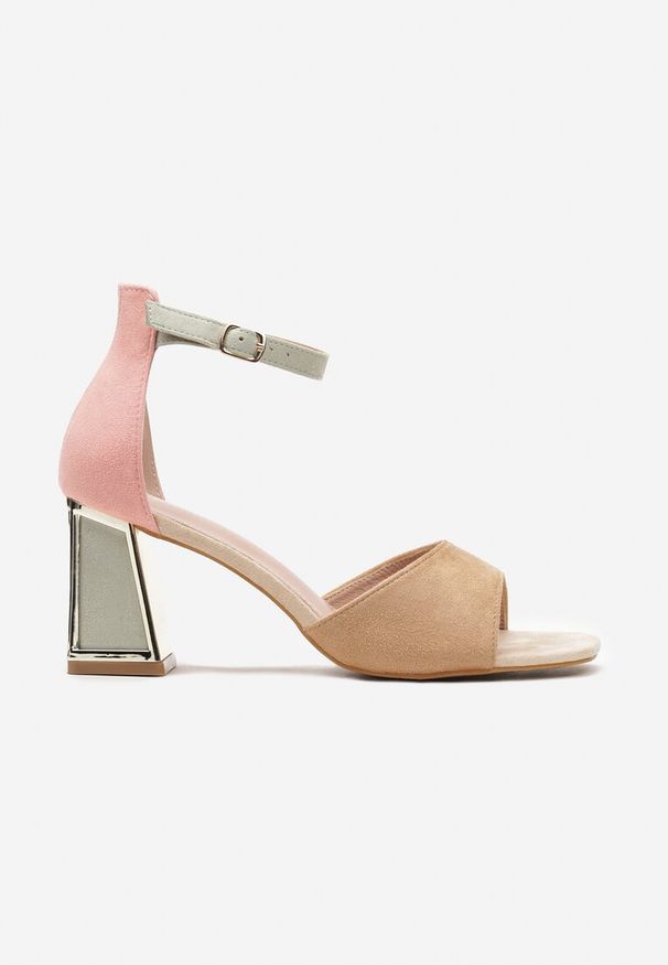 Renee - Brązowo-Różowe Sandały z Ekoskóry na Słupku z Metalicznym Wykończeniem Zapinane przy Kostce Dannesia. Okazja: na co dzień, na spacer. Zapięcie: sprzączka. Kolor: beżowy. Materiał: len. Sezon: lato. Obcas: na słupku. Styl: casual. Wysokość obcasa: średni