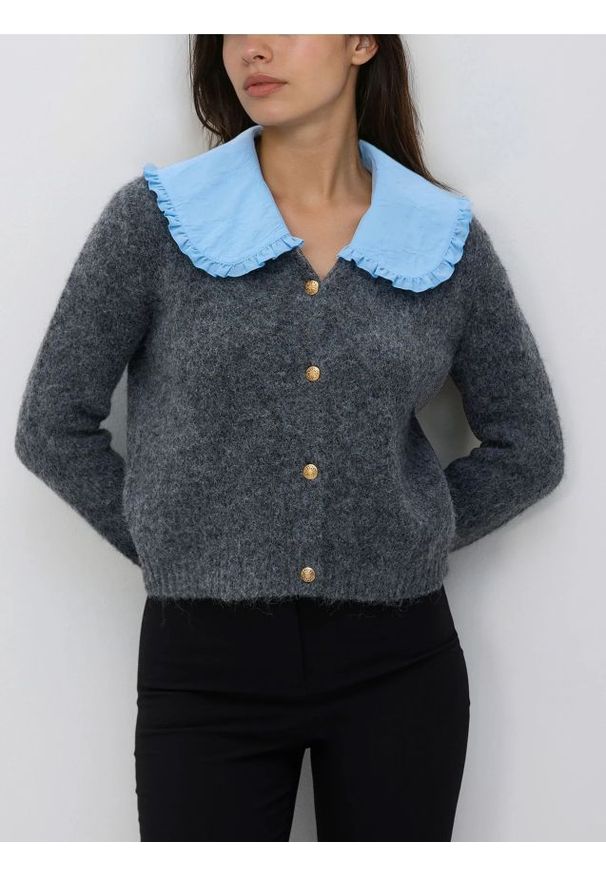 Reserved - Kardigan z kołnierzykiem - szary. Kolor: szary. Materiał: dzianina, wełna