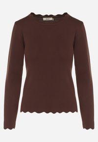 Born2be - Brązowy Sweter z Wiskozą Ozdobiony Falbankami Mevita. Typ kołnierza: kołnierz z falbankami. Kolor: brązowy. Materiał: wiskoza. Wzór: aplikacja. Styl: elegancki, klasyczny #2