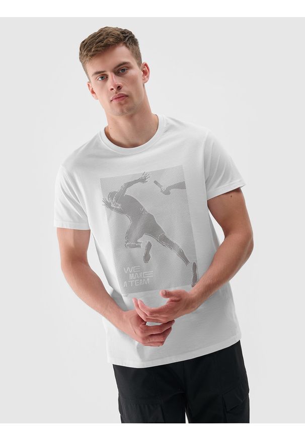 4f - 4F T-shirt z nadrukiem regular męski - biały M. Okazja: na co dzień. Kolor: biały. Materiał: bawełna, jersey, dzianina. Wzór: nadruk. Styl: sportowy, casual, klasyczny