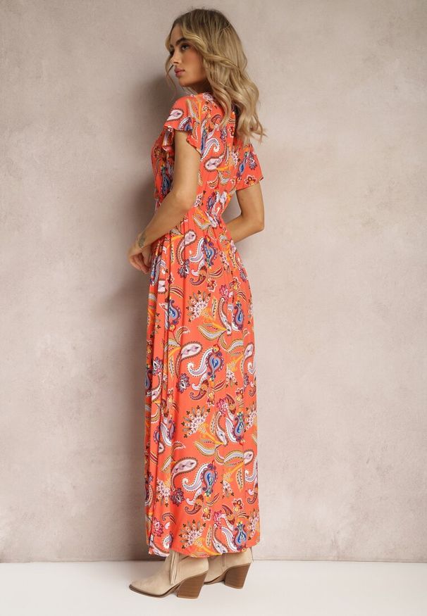 Renee - Pomarańczowa Rozkloszowana Sukienka z Wiskozy z Gumką w Talii i Abstrakcyjnym Wzorem Pairella. Kolor: pomarańczowy. Materiał: wiskoza
