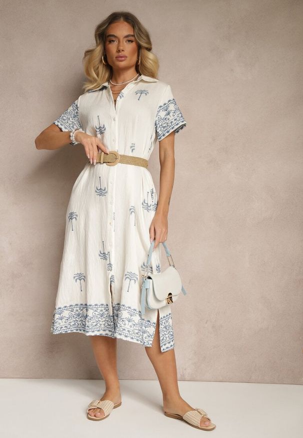 Renee - Biała Sukienka z Wiskozą o Pudełkowym Kroju z Kołnierzykiem z Haftem Sanavelle. Okazja: na co dzień. Kolor: biały. Materiał: wiskoza. Długość rękawa: krótki rękaw. Wzór: haft. Styl: casual, elegancki