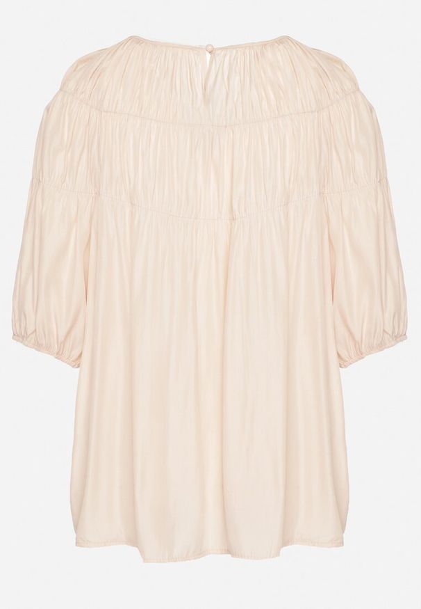 Born2be - Jasnoróżowa Bluzka z Ozdobnymi Marszczeniami i Rękawami w Gumkę z Wiskozą Wenessa. Okazja: na spacer. Kolor: różowy. Materiał: wiskoza. Sezon: wiosna. Styl: klasyczny