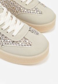 Born2be - Beżowe Sneakersy na Grubej Podeszwie Ozdobione Cyrkoniami Orinrya. Okazja: na co dzień. Kolor: beżowy. Materiał: jeans. Wzór: aplikacja #5