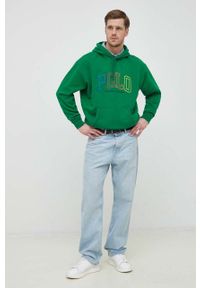 Polo Ralph Lauren bluza męska kolor zielony z kapturem z aplikacją. Typ kołnierza: kaptur, polo. Kolor: zielony. Wzór: aplikacja