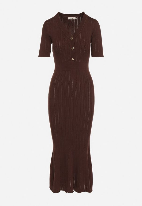 Born2be - Brązowa Dzianinowa Sukienka z Wiskozą o Taliowanym Kroju z Guzikami Fenallea. Okazja: do pracy, na spotkanie biznesowe. Kolor: brązowy. Materiał: dzianina, wiskoza. Styl: elegancki, biznesowy