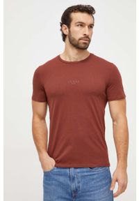 Guess t-shirt bawełniany kolor brązowy z aplikacją. Kolor: brązowy. Materiał: bawełna. Wzór: aplikacja. Styl: klasyczny