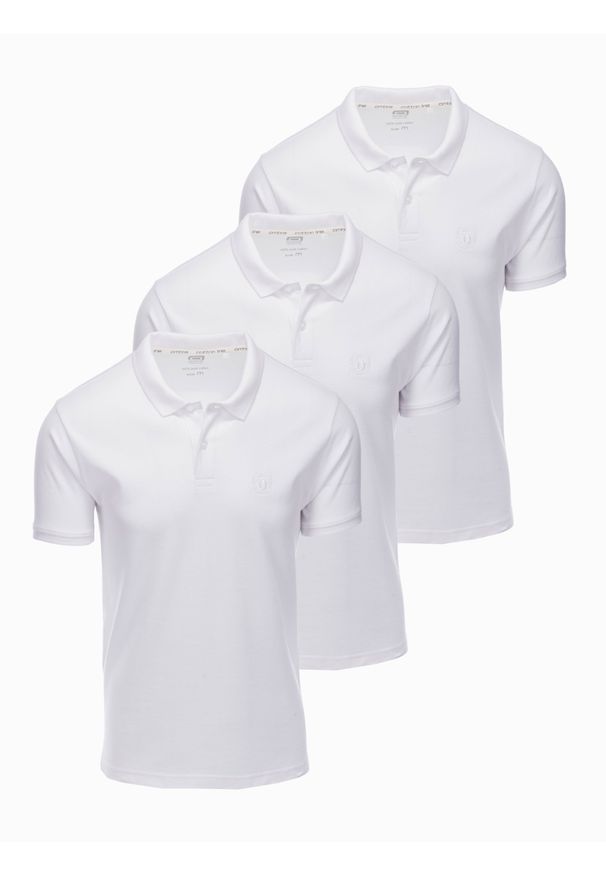 Ombre Clothing - Zestaw koszulek męskich polo z dzianiny pique 3-pak - biały V9 - Rozmiar: XXL. Okazja: na co dzień. Typ kołnierza: polo. Kolor: biały. Materiał: dzianina. Wzór: haft, aplikacja. Sezon: wiosna, lato. Styl: klasyczny, sportowy, wizytowy, casual
