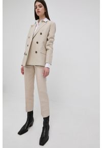 Trussardi Jeans - Trussardi spodnie lniane damskie kolor beżowy fason cygaretki high waist. Stan: podwyższony. Kolor: beżowy. Materiał: len #3
