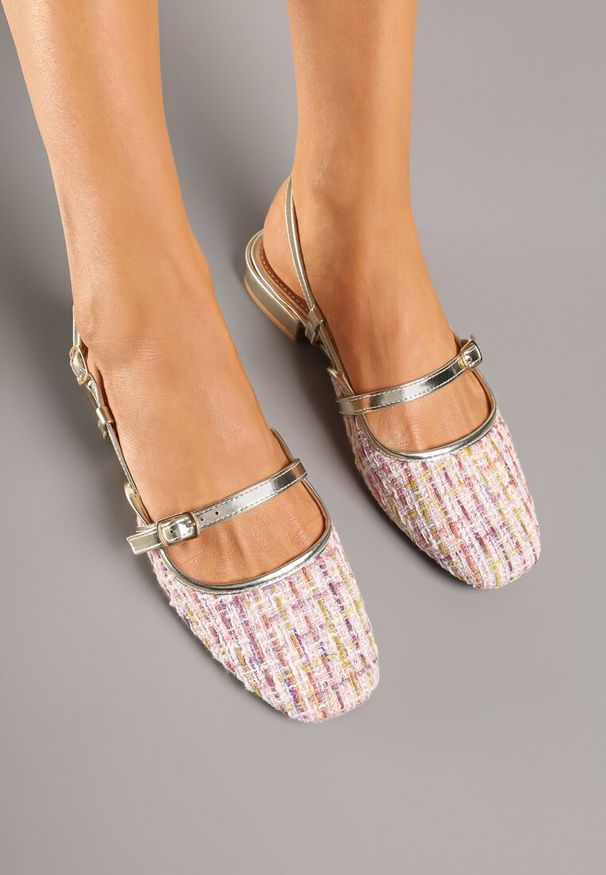Renee - Różowo-Złote Tweedowe Sandały Typu Slingback Ellimirae. Okazja: na spotkanie biznesowe, na spacer. Zapięcie: sprzączka. Kolor: różowy. Sezon: lato. Styl: biznesowy, klasyczny, elegancki