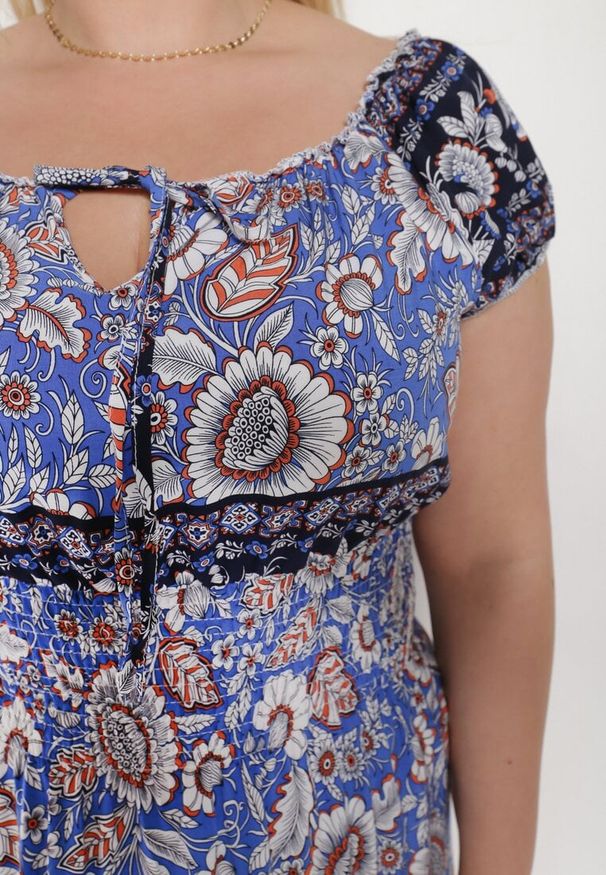 Born2be - Fioletowa Bawełniana Sukienka z Gumką w Talii i Wiązanym Dekoltem Emetta. Okazja: na co dzień. Kolor: fioletowy. Materiał: bawełna. Styl: casual, elegancki