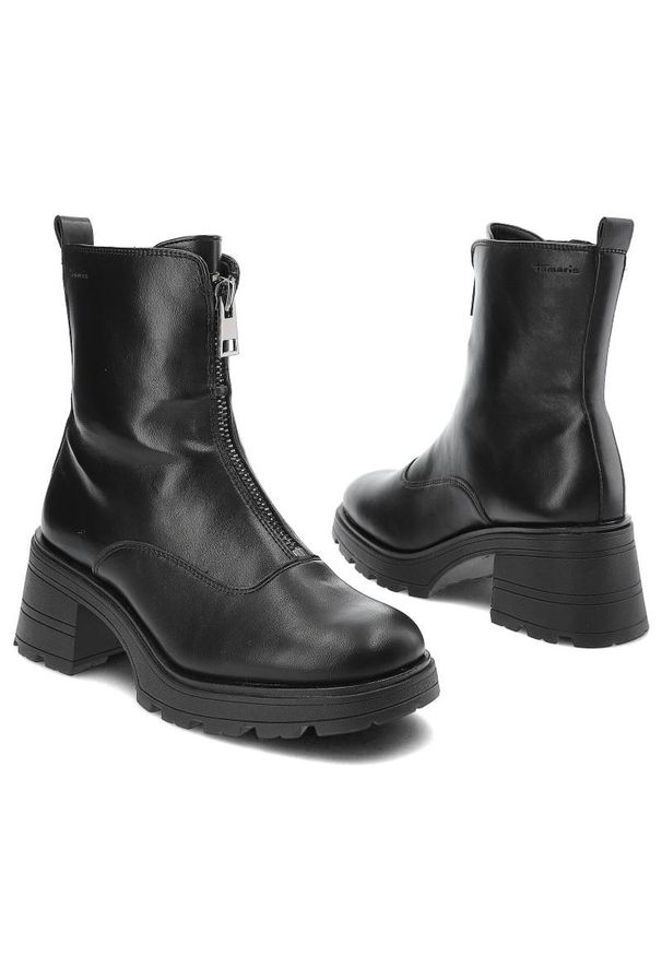 Czarne Botki Tamaris Damskie Eleganckie Obuwie na Jesień. Okazja: na spacer. Kolor: czarny. Materiał: syntetyk, skóra ekologiczna, futro. Szerokość cholewki: normalna. Sezon: jesień. Styl: elegancki