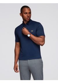 Ombre Clothing - Stylowa męska koszulka polo z elastycznej tkaniny – granatowa V3 - Rozmiar: M. Typ kołnierza: polo. Kolor: niebieski. Materiał: tkanina. Wzór: gładki. Styl: elegancki