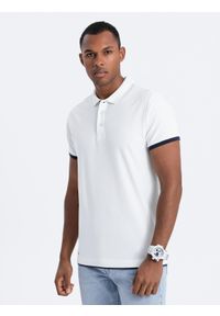 Ombre Clothing - Bawełniana męska koszulka polo z kontrastowymi wykończeniami – biała V1 - Rozmiar: XL. Typ kołnierza: polo. Kolor: biały. Materiał: bawełna. Wzór: haft #8