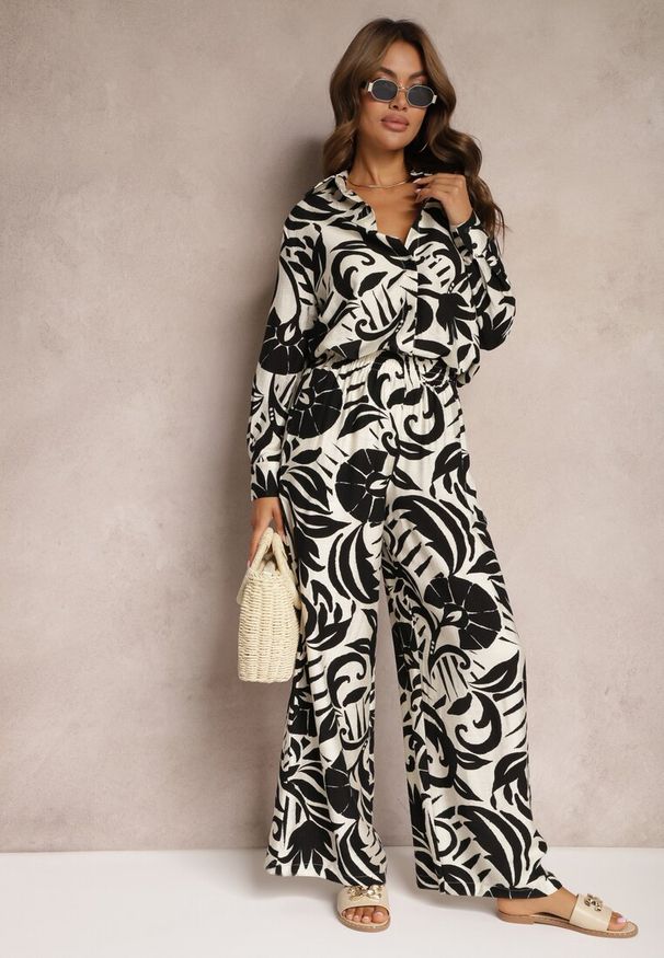 Renee - Czarno-Biały 2-Częściowy Komplet z Wiskozy Koszula z Długim Rękawem i Szerokie Spodnie Yiseria. Kolor: czarny. Materiał: wiskoza