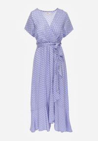 Renee - Liliowa Sukienka Boliphise. Kolor: fioletowy. Materiał: wiskoza, materiał. Wzór: nadruk, grochy. Typ sukienki: kopertowe. Styl: retro. Długość: midi #7