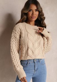 Renee - Beżowy Sweter z Wełną i Bawełną w Warkoczykowy Splot Kestina. Kolor: beżowy. Materiał: bawełna, wełna. Wzór: ze splotem. Styl: klasyczny