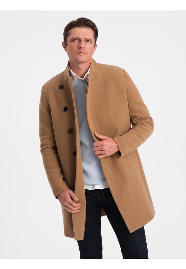 Ombre Clothing - Płaszcz męski z asymetrycznym zapięciem - camel V4. Materiał: wiskoza, poliester