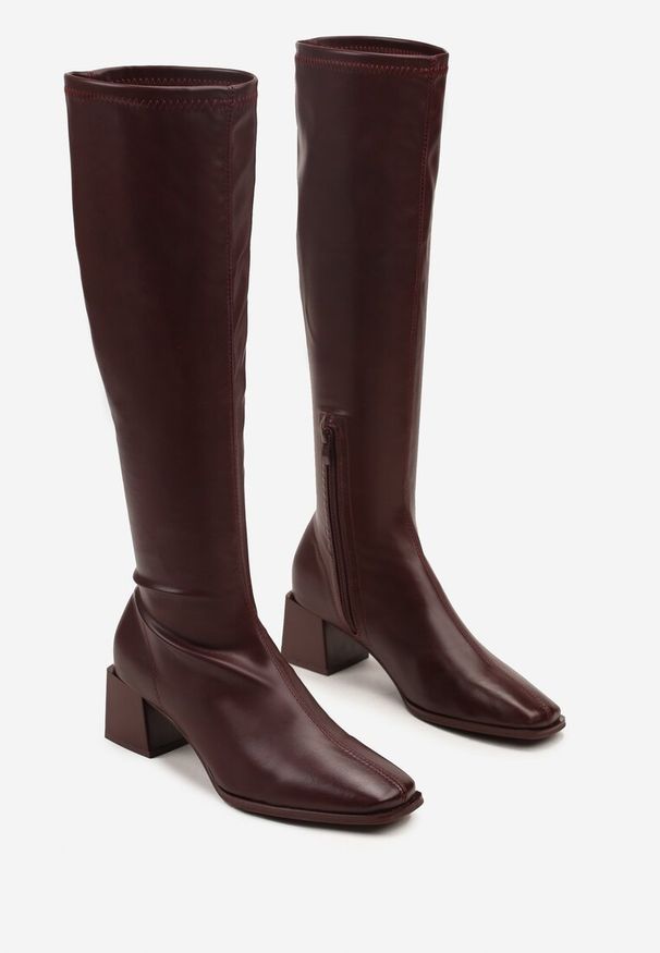 Born2be - Bordowe Kozaki na Obcasie z Dopasowaną Cholewką Fagwona. Okazja: na co dzień. Kolor: czerwony. Szerokość cholewki: normalna. Obcas: na obcasie. Styl: casual, klasyczny. Wysokość obcasa: średni