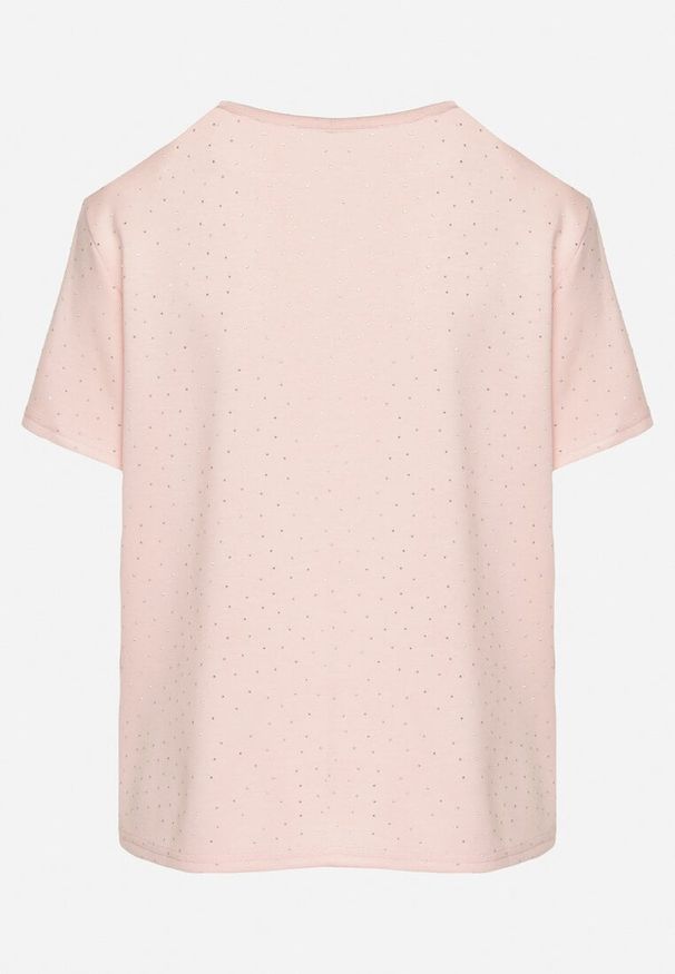 Born2be - Różowy T-shirt z Wiskozą Ozdobiony Cyrkoniami Hirritia. Okazja: na co dzień. Kolor: różowy. Materiał: wiskoza. Wzór: aplikacja. Styl: klasyczny, casual