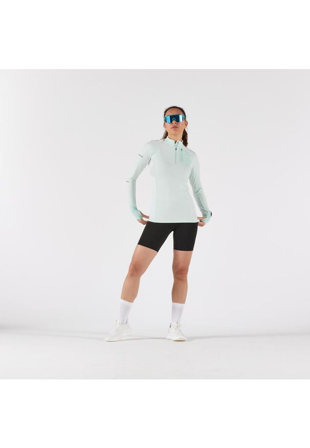 KIPRUN - Koszulka do biegania z długim rękawem damska Kiprun Run 500 Warm ocieplana. Kolor: zielony, niebieski, wielokolorowy. Materiał: materiał. Długość rękawa: długi rękaw. Długość: długie. Sport: bieganie