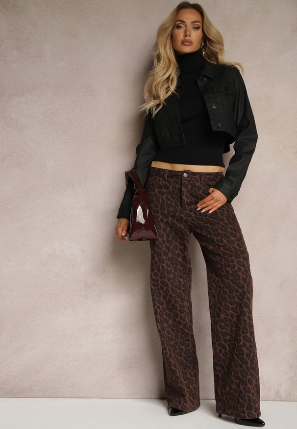 Renee - Brązowe Panterkowe Szerokie Spodnie z Bawełny Semiloria. Kolor: brązowy. Materiał: bawełna. Wzór: motyw zwierzęcy, jednolity. Styl: elegancki
