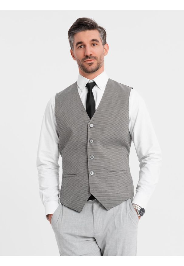 Ombre Clothing - Żakardowa kamizelka męska casual bez klap - szara V2 - Rozmiar: XL. Okazja: na co dzień. Kolor: szary. Materiał: żakard. Wzór: gładki. Styl: casual