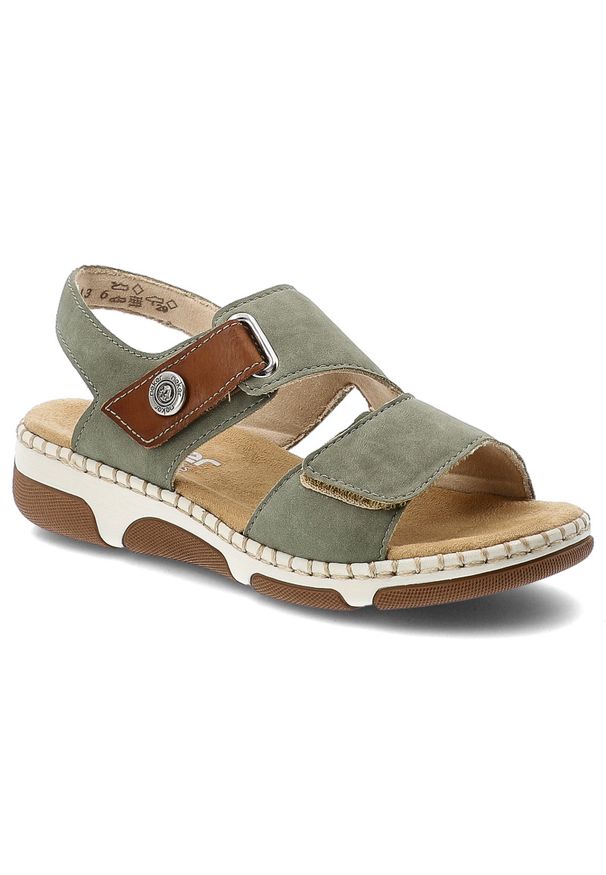 Sandały damskie Rieker, cholewka ze skóry ekologicznej zapinane na rzep z materiałowym wnętrzem, zielone, 66280-52. Okazja: na co dzień, na spacer. Zapięcie: rzepy. Kolor: zielony. Materiał: materiał, skóra ekologiczna. Wzór: paski. Sezon: lato. Styl: elegancki, wakacyjny, casual