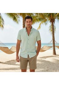 Weekendowa Koszula Męska, Taliowany Krój - Pako Jeans - Jasna Zieleń w Prążek. Okazja: na co dzień. Materiał: wiskoza, bawełna. Wzór: paski. Styl: casual #5