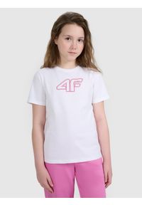 4f - 4F T-shirt regular z nadrukiem dziewczęcy - biały 164 (13-14 lat). Okazja: na co dzień. Kolor: biały. Materiał: jersey, bawełna, materiał. Długość rękawa: krótki rękaw. Długość: krótkie. Wzór: nadruk. Sezon: lato. Styl: sportowy, młodzieżowy, klasyczny, casual