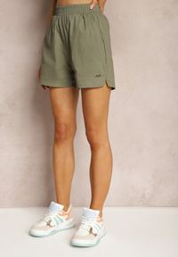 Renee - Ciemnozielone Szorty z Bawełny High Waist z Gumką w Pasie Moavia. Okazja: na plażę, na spacer. Stan: podwyższony. Kolor: zielony. Materiał: bawełna. Sezon: lato. Styl: elegancki