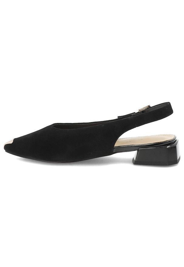 Czółenka damskie S.Barski, cholewka ze skóry naturalnej zamszowej elegancki fason slingback niski stabilny obcas, czarne, CR61-3050. Kolor: czarny. Materiał: skóra, zamsz. Szerokość cholewki: normalna. Obcas: na obcasie. Styl: elegancki. Wysokość obcasa: średni