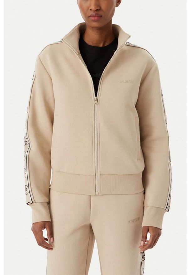 Guess - GUESS Beżowa damska bluza rozpinana z lampasami Britney, Rozmiar S. Okazja: na co dzień. Kolor: beżowy. Styl: elegancki, casual, sportowy