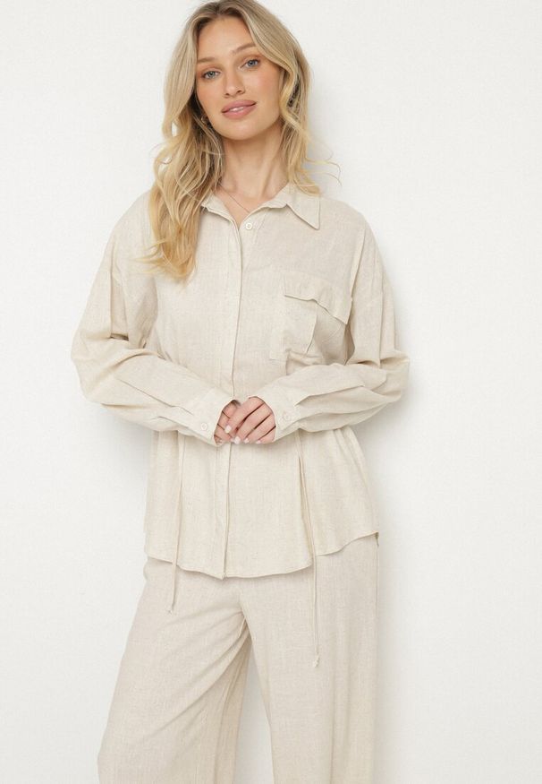 Born2be - Beżowy Komplet z Wiskozą Koszula Ściągana w Talii i Szerokie Spodnie Divellara. Kolor: beżowy. Materiał: wiskoza