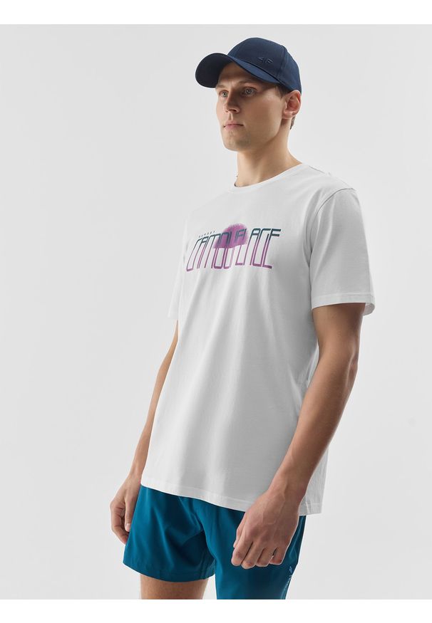 4f - 4F T-shirt z nadrukiem męski - biały S. Okazja: na co dzień. Kolor: biały. Materiał: bawełna, jersey, dzianina. Wzór: nadruk. Styl: sportowy, casual, klasyczny