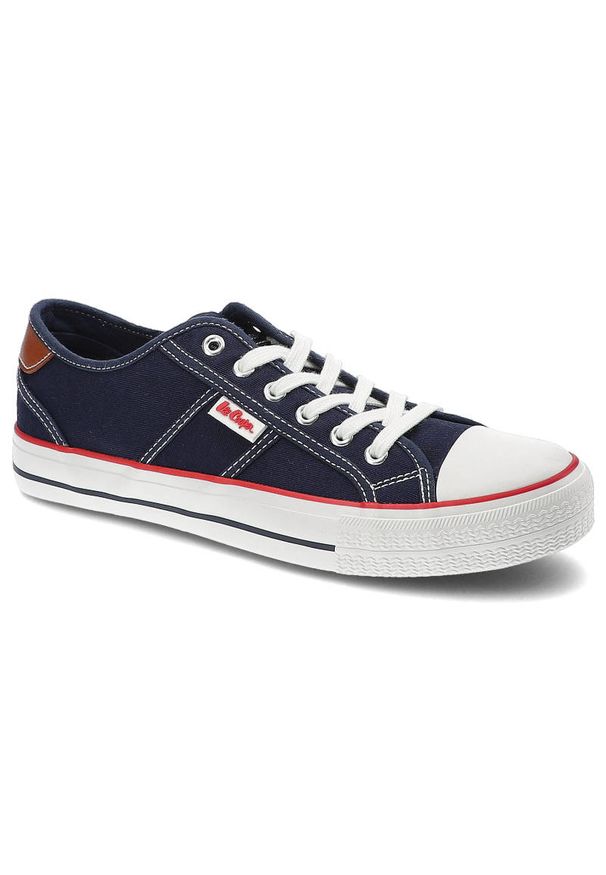 Granatowe Trampki Lee Cooper Modne Buty Męskie. Okazja: na co dzień. Kolor: niebieski. Materiał: materiał. Szerokość cholewki: normalna. Wzór: aplikacja. Styl: casual