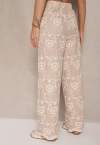 Renee - Beżowe Spodnie o Szerokim Kroju High Waist Ozdobione Haftem Issedi. Okazja: na co dzień. Stan: podwyższony. Kolor: beżowy. Wzór: haft, aplikacja. Styl: casual #5