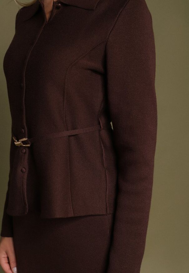 Born2be - Brązowy Komplet Garsonka z Wiskozą Marynarka z Paskiem i Ołówkowa Spódnica Zaise. Kolor: brązowy. Materiał: wiskoza