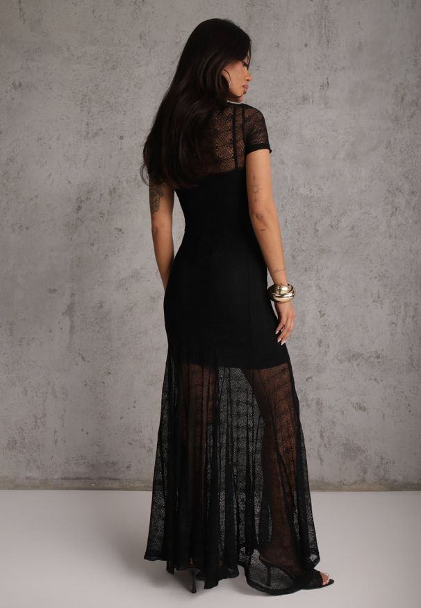 Renee - Czarna Wieczorowa Sukienka z Siateczki z Wiskozą na Krótki Rękaw Chareino. Okazja: na randkę, na wesele, na ślub cywilny. Kolor: czarny. Materiał: wiskoza. Długość rękawa: krótki rękaw. Styl: wizytowy. Długość: maxi