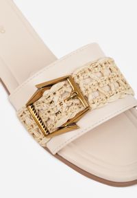 Renee - Beżowe Klapki w Stylu Boho z Plecionką z Rafii i Metalową Klamerką Mezelin. Okazja: na co dzień. Kolor: beżowy. Materiał: jeans, len. Sezon: lato. Styl: boho #2