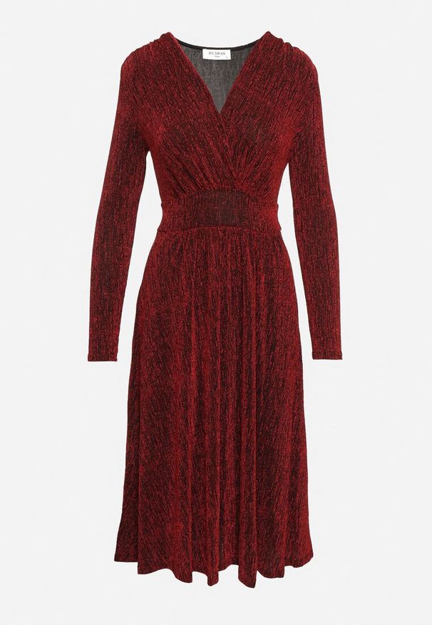 Born2be - Bordowa Taliowana Sukienka z Wiskozą o Rozkloszowanym Kroju Zdobiona Metaliczną Nicią Mesinae. Okazja: do pracy, na spotkanie biznesowe. Typ kołnierza: dekolt w kształcie V. Kolor: czerwony. Materiał: wiskoza. Długość rękawa: długi rękaw. Wzór: aplikacja. Typ sukienki: rozkloszowane. Styl: wizytowy, glamour, elegancki, biznesowy