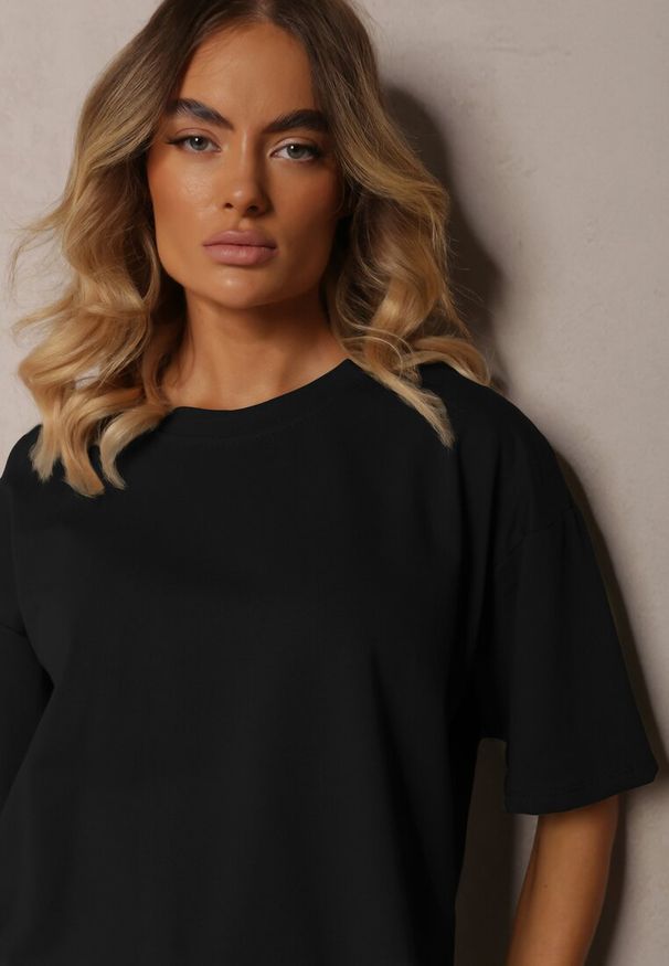 Renee - Czarny Komplet z Bawełny Proste Szerokie Spodnie z Gumką w Pasie Bluzka z Rozcięciami Vimarases. Kolor: czarny. Materiał: bawełna. Wzór: aplikacja