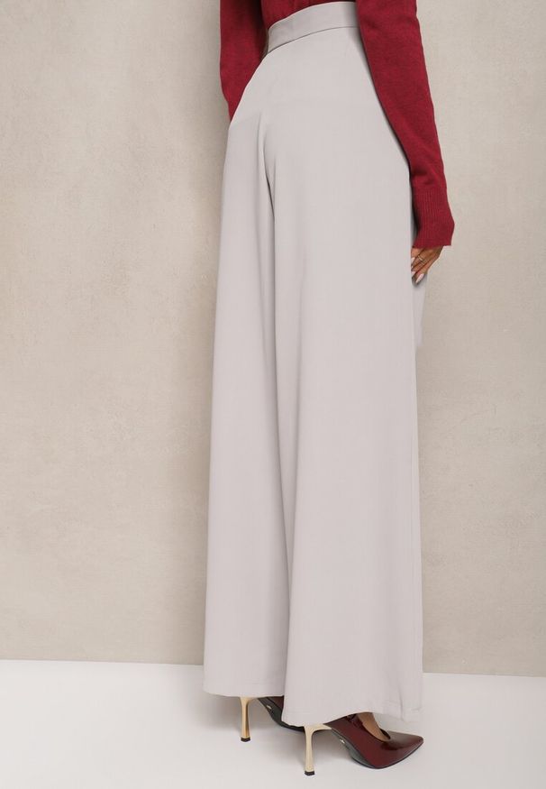 Renee - Szare Eleganckie Spodnie w Garniturowym Stylu High Waist Ozdobione Paskiem w Talii Wenelsea. Okazja: do pracy. Stan: podwyższony. Kolor: szary. Długość: długie. Wzór: aplikacja. Styl: elegancki