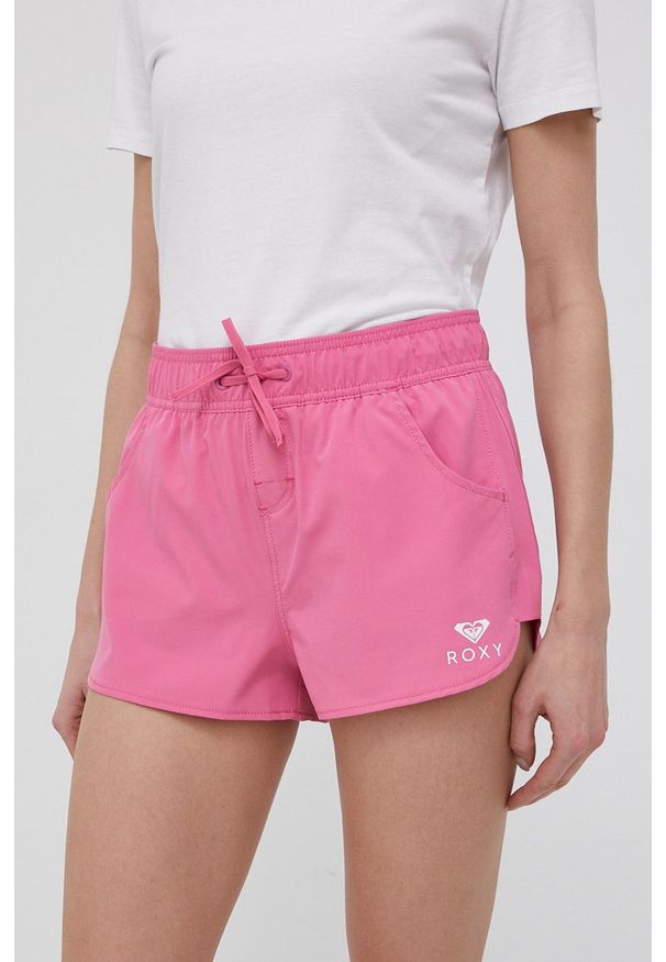 Roxy szorty damskie kolor różowy z nadrukiem high waist. Okazja: na co dzień. Stan: podwyższony. Kolor: różowy. Materiał: tkanina. Wzór: nadruk. Styl: casual